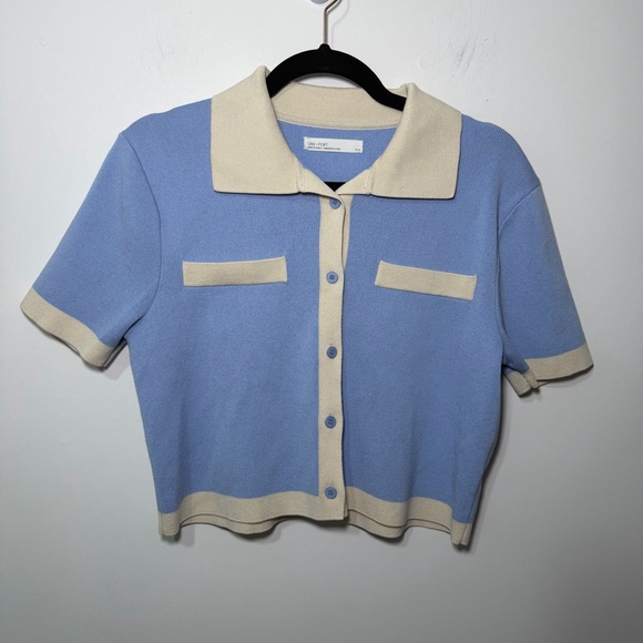 Oak + Fort women’s Blue Cream Knit Polo Cardigan preppy casual parisian Top in M - Picture 2 of 9